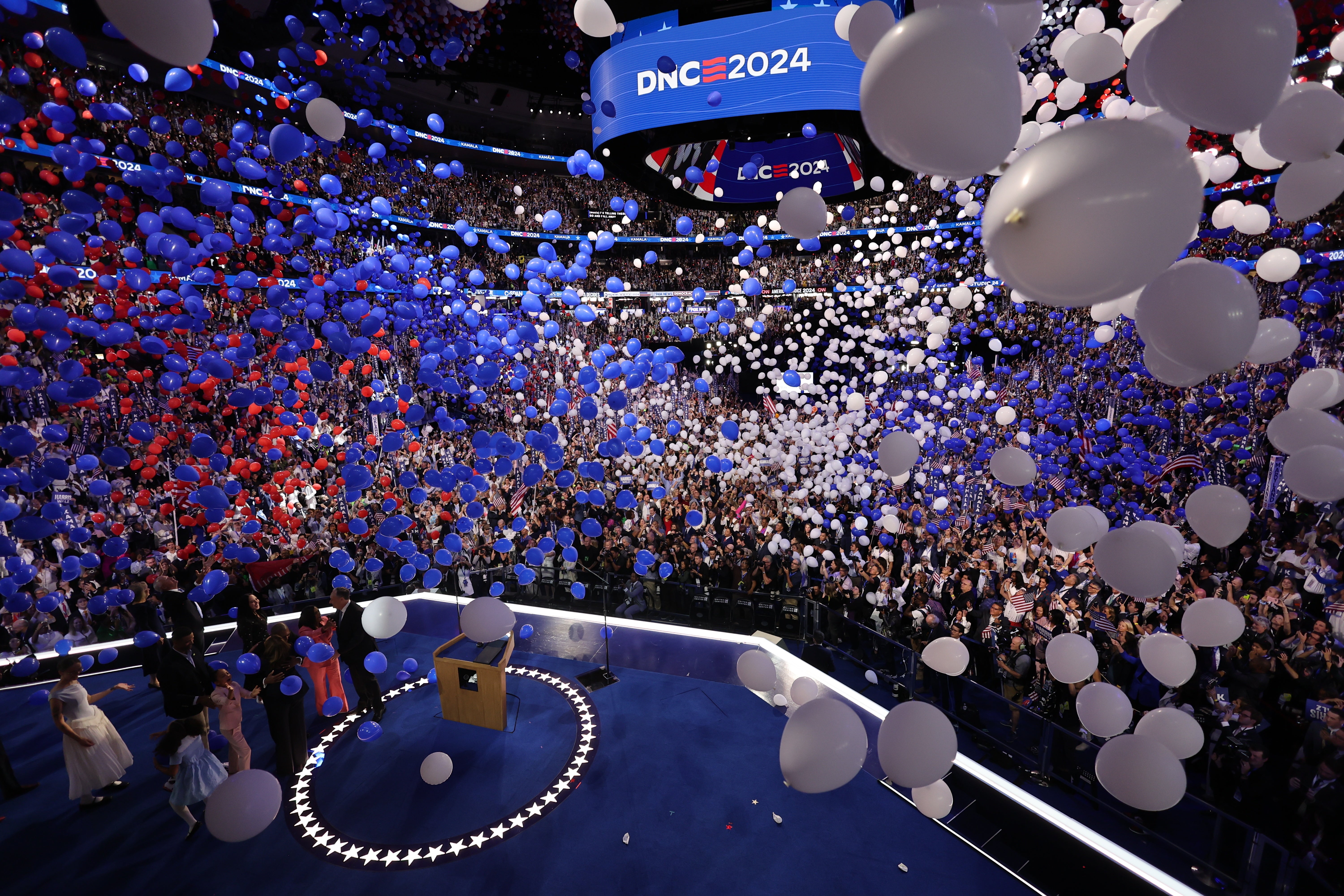 Balloons are released after Kamala Harris appeared onstage the final day of the Democratic National Convention on August 22