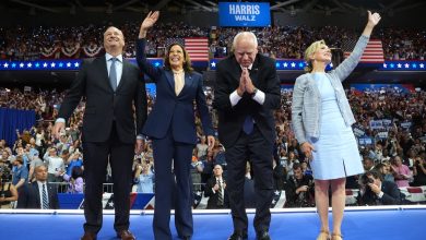 Tim Walz pulls no punches in first speech as Kamala Harris’s running mate at packed Philadelphia rally