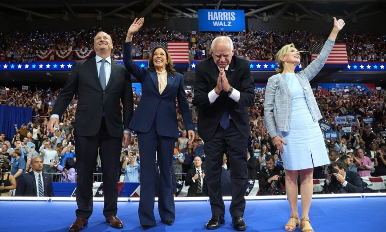 Tim Walz pulls no punches in first speech as Kamala Harris’s running mate at packed Philadelphia rally