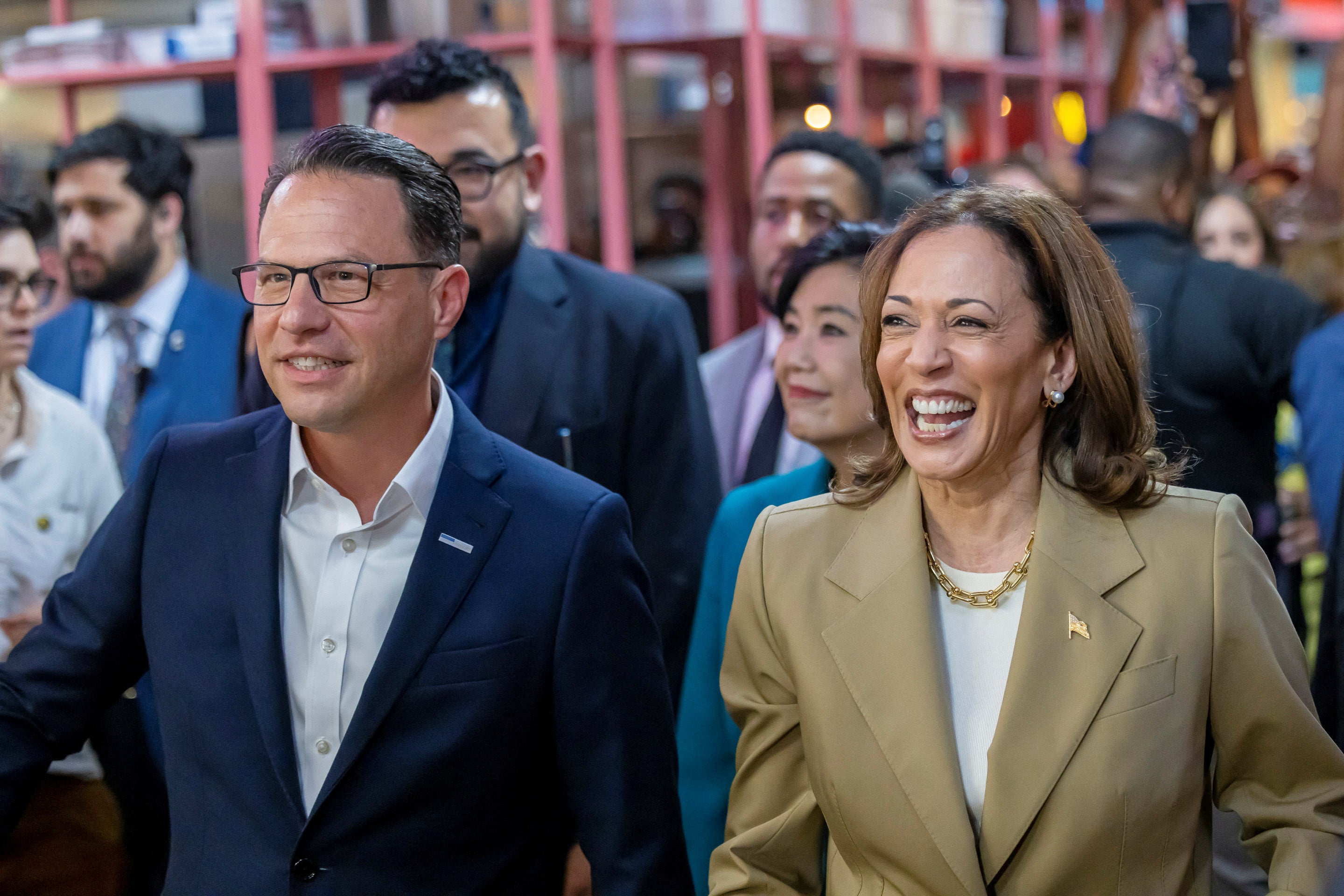 Vice president Kamala Harris and Pennsylvania governor Josh Shapiro visit the Reading Terminal Market in Philadelphia on July 13. She has said she is ready to debate Republican candidate, Donald Trump