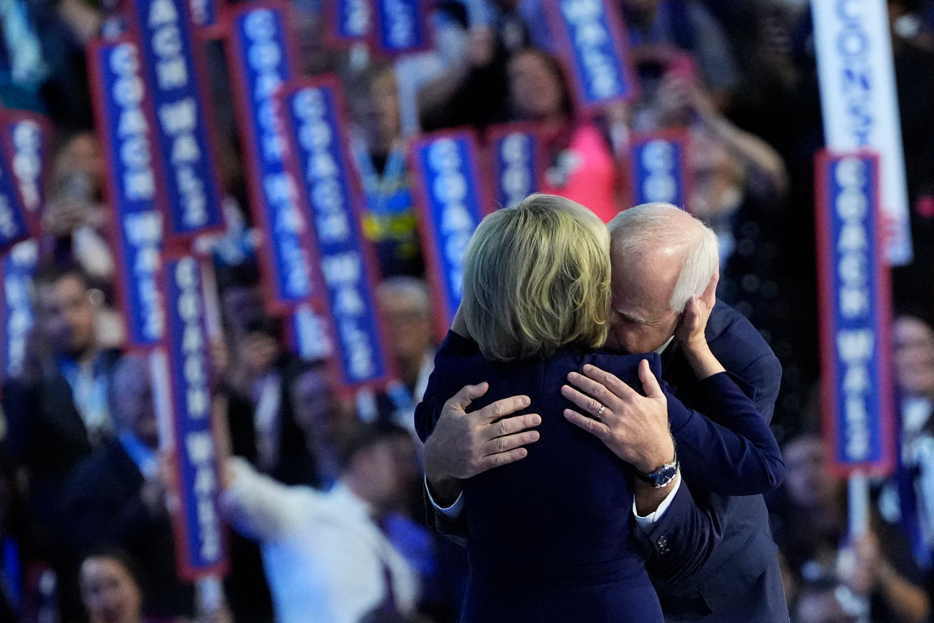 Tim Walz embraces his wife Gwen Walz aafter he accepted the Democratic party’s vice presidential nomination on August 22