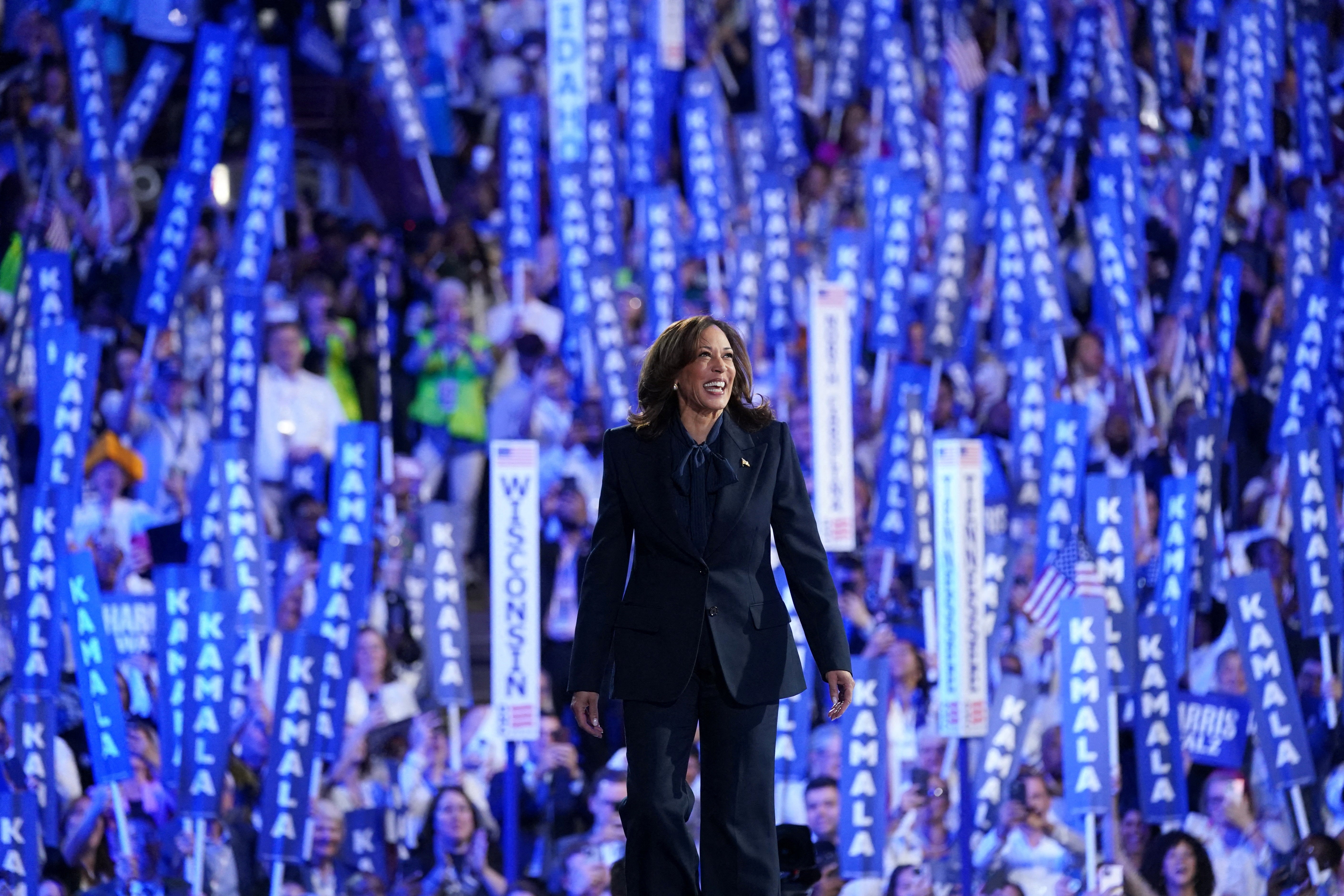 Kamala Harris accepts the Democratic nomination for president at the party’s convention in Chicago on August 22