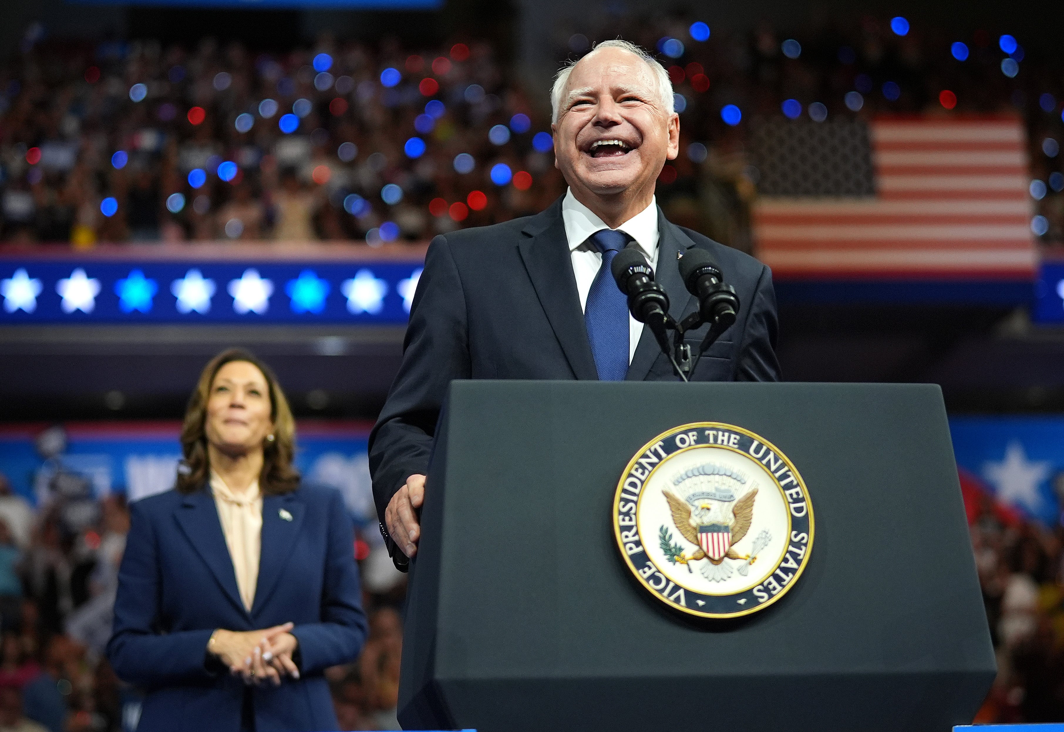 Kamala Harris stifled a laugh as her running mate Tim Walz cracked a joke about his Republican counterpart JD Vance and his ‘couch’ controversy