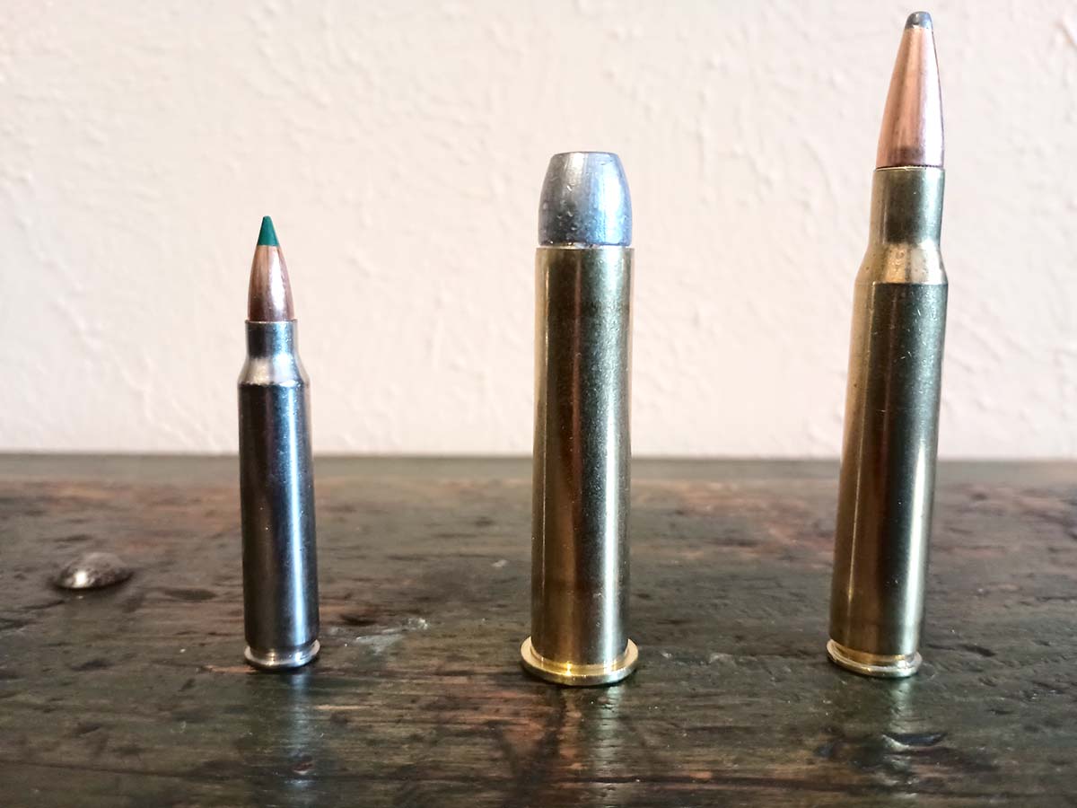 The .45-70 Gov't (middle), next to .223 Remington (left) and .30-06 Springfield (right).