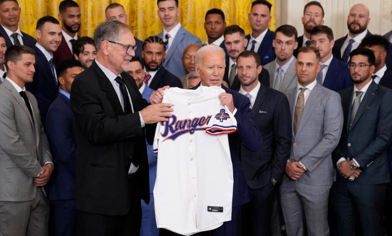 Biden hosts World Series champion Texas Rangers at the White House, says they ’embody resilience’