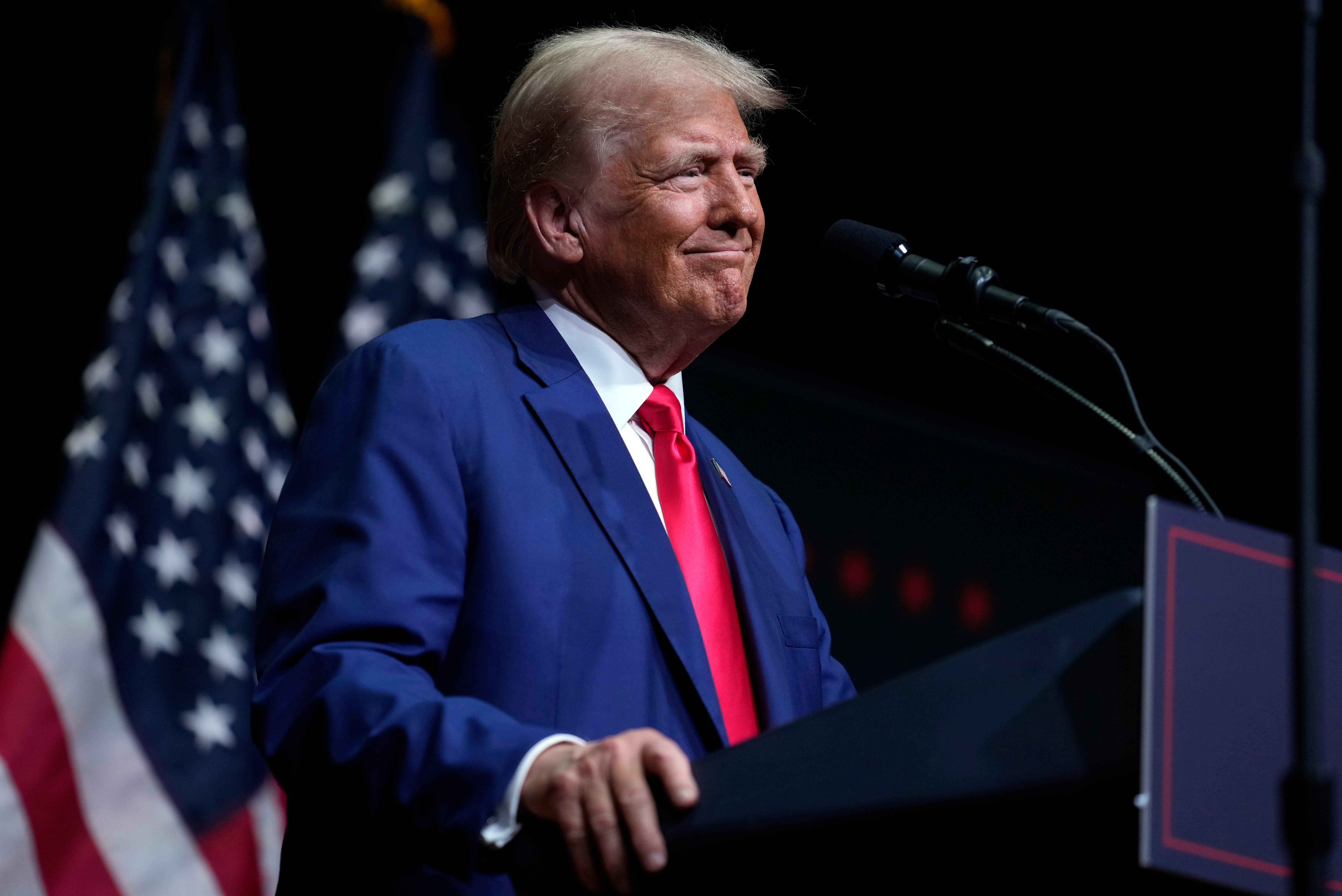 Republican presidential nominee former President Donald Trump speaks at a campaign rally in Asheville, N.C., Wednesday, Aug. 14, 2024. The sentencing in his hush money case is currently scheduled for September 18