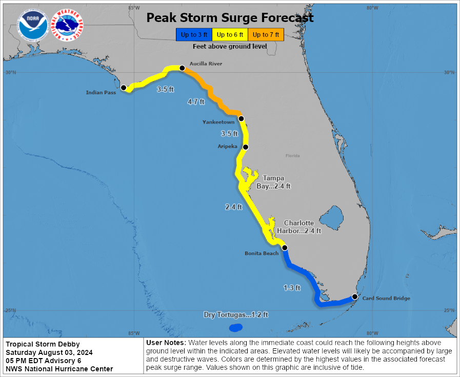 A map of peak storm surge in Florida as Tropical Storm Debby approaches the state