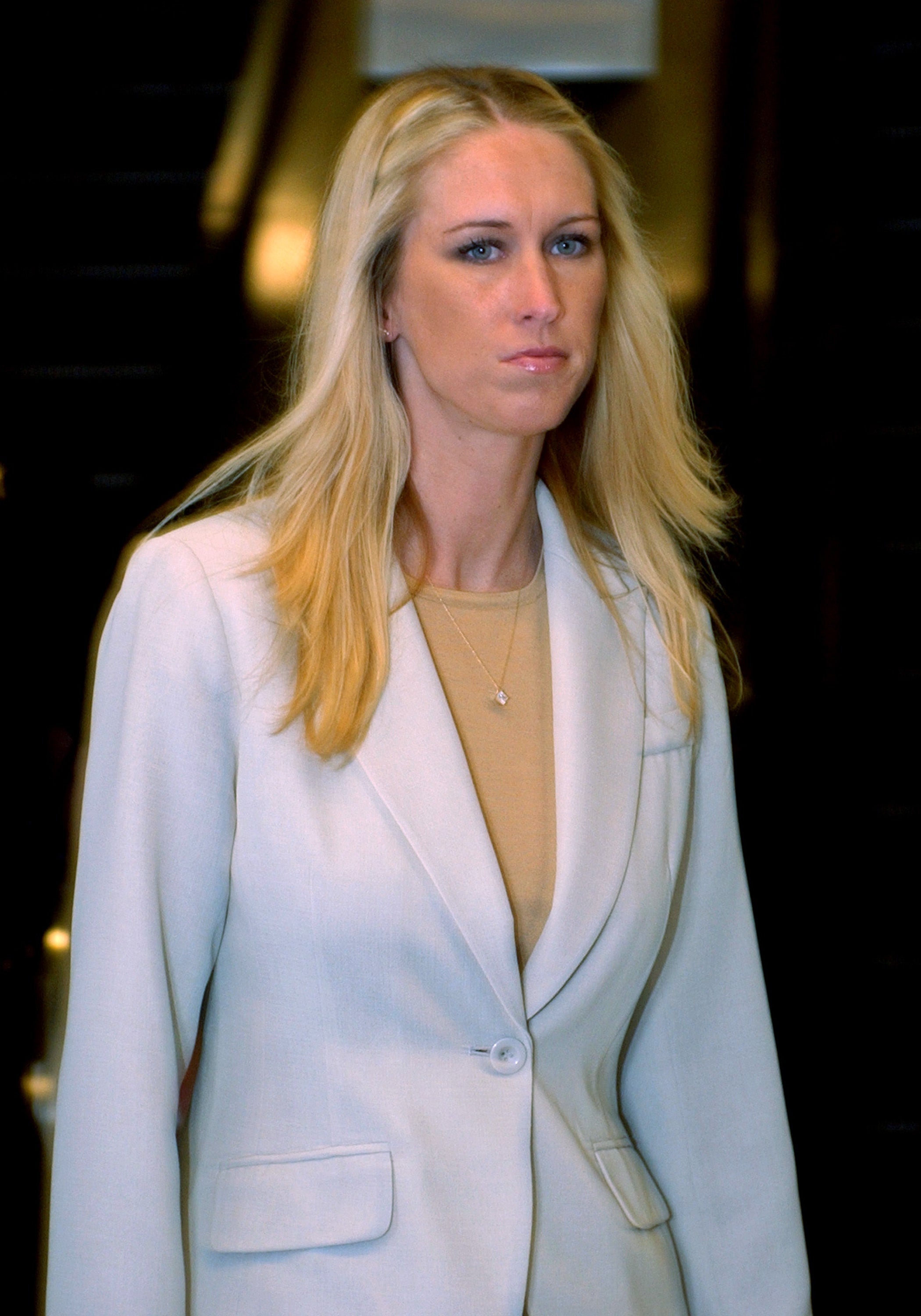 Amber Frey, former mistress of Scott Peterson, leaves the San Mateo Superior County Courthouse during his high-profile trial in 2004