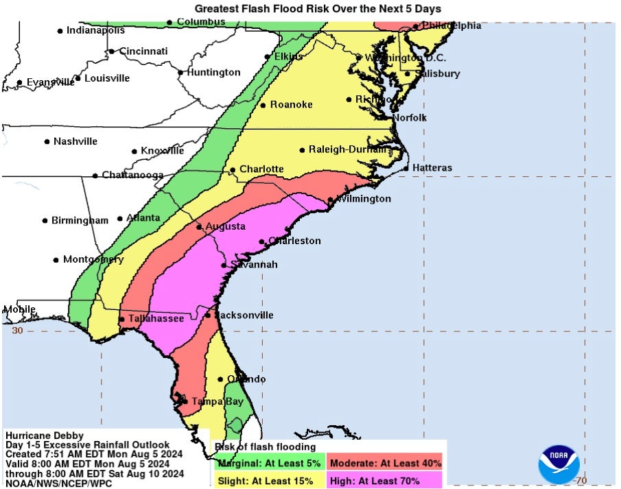 Tropical Storm Debby flash flood risk from Monday August 5 until Saturday August 10