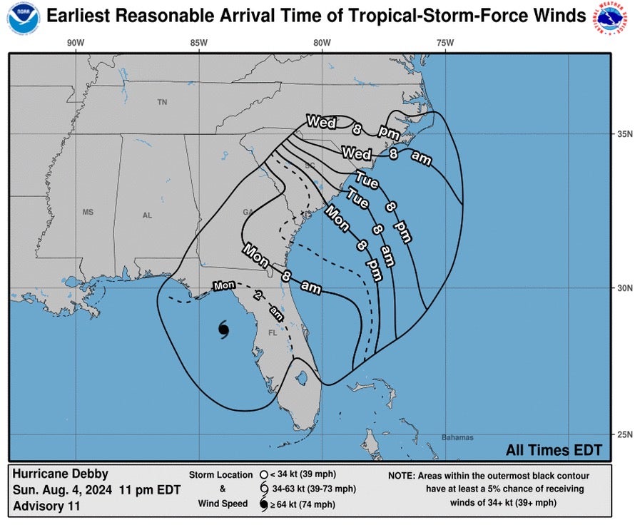 Map shows predicted arrival times of winds from Tropical Storm Debby