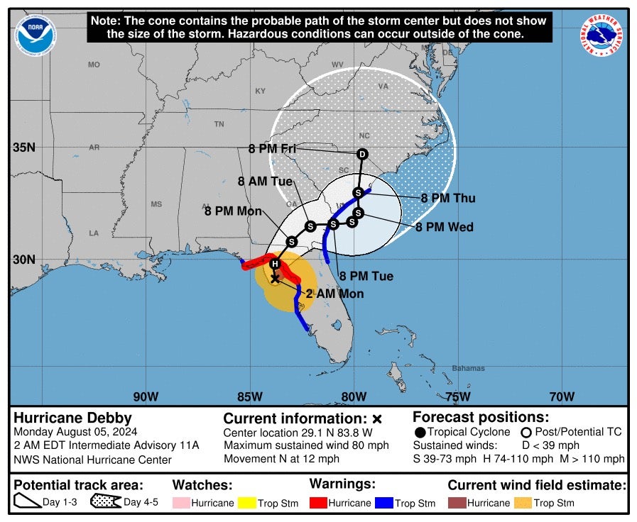 Map shows coastal watches, warnings, and forecast cone for Tropical Storm Debby’s center