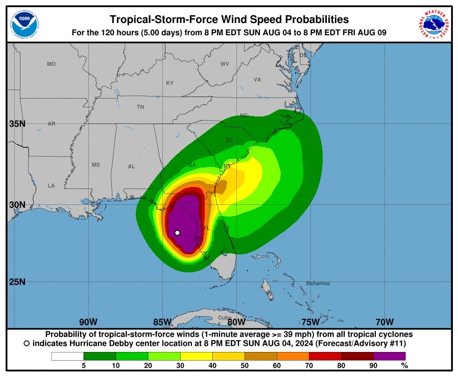 Map shows wind probabilities for Tropical Storm Debby