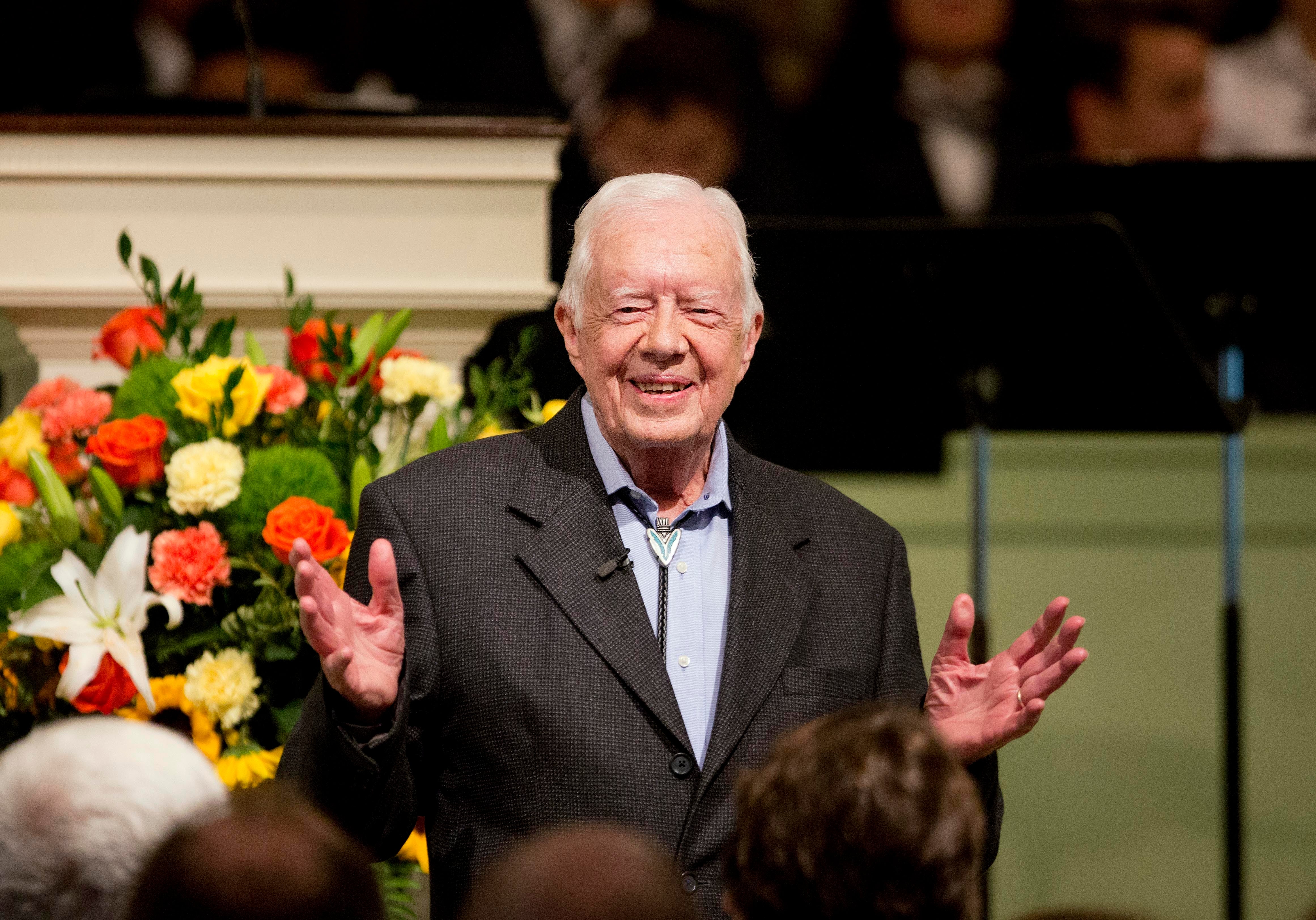 Former president Jimmy Carter teaches Sunday School class at the Maranatha Baptist Church in Plains, Georgia in August 2015. As he approaches his 100th birthday, he told his family he is ‘trying to make it’ to vote for Kamala Harris in the 2024 election