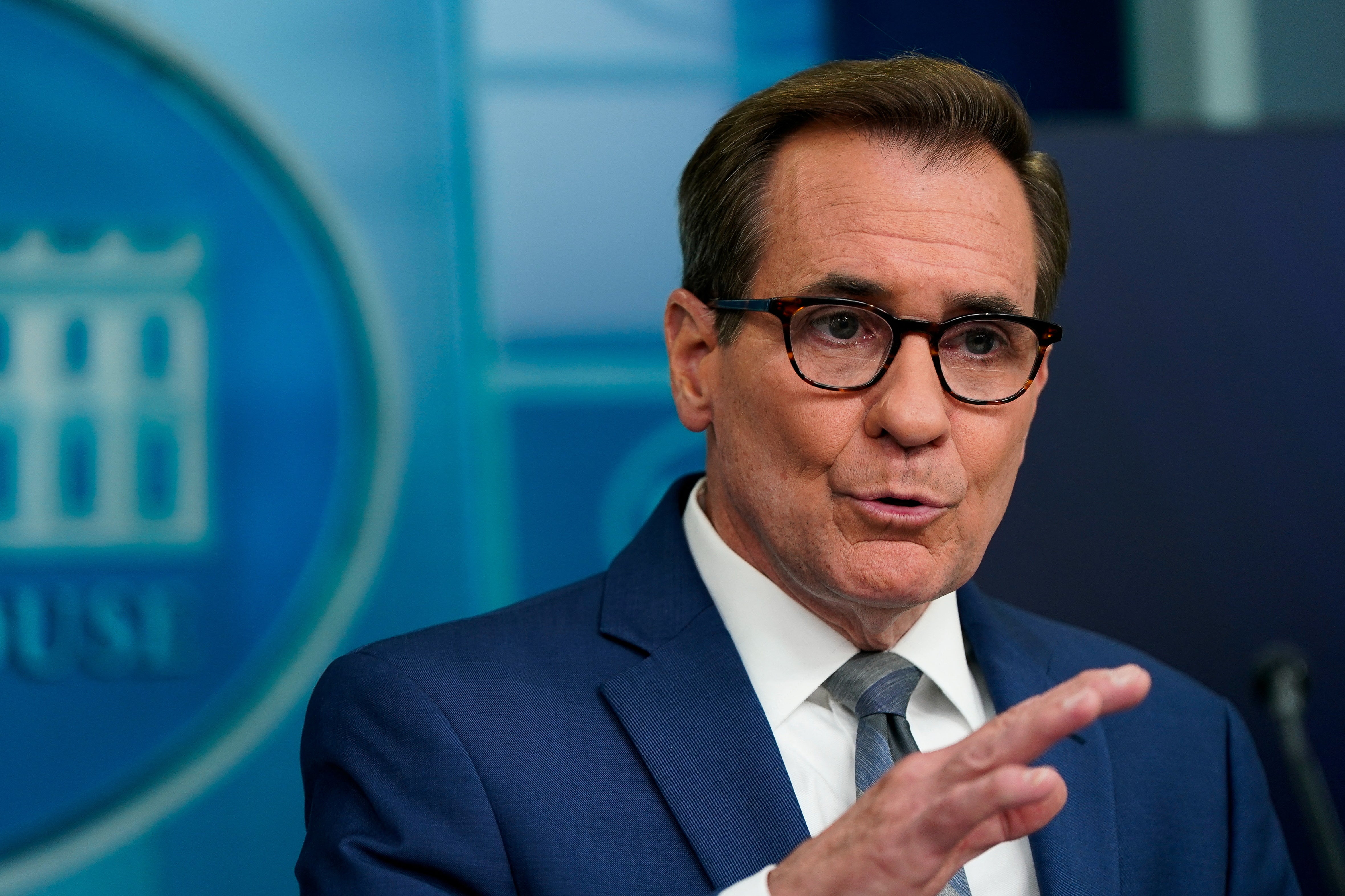 US White House National Security Communications Advisor John Kirby speaks during a press briefing at the White House in Washington