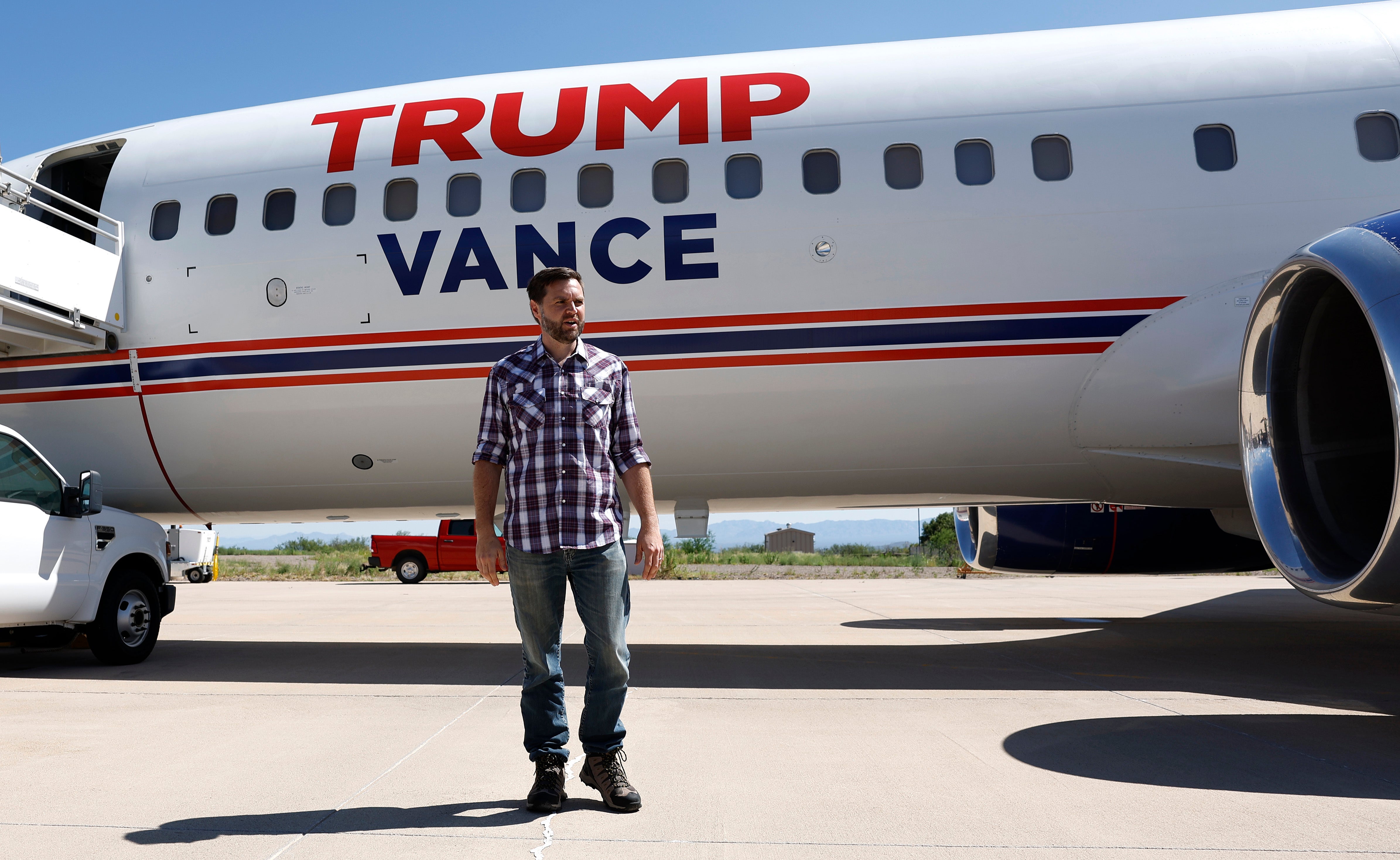 JD Vance pictured with a “Trump Vance” plane as he leaves Sierra Vista, Arizona during a visit to the US-Mexico border on Thursday