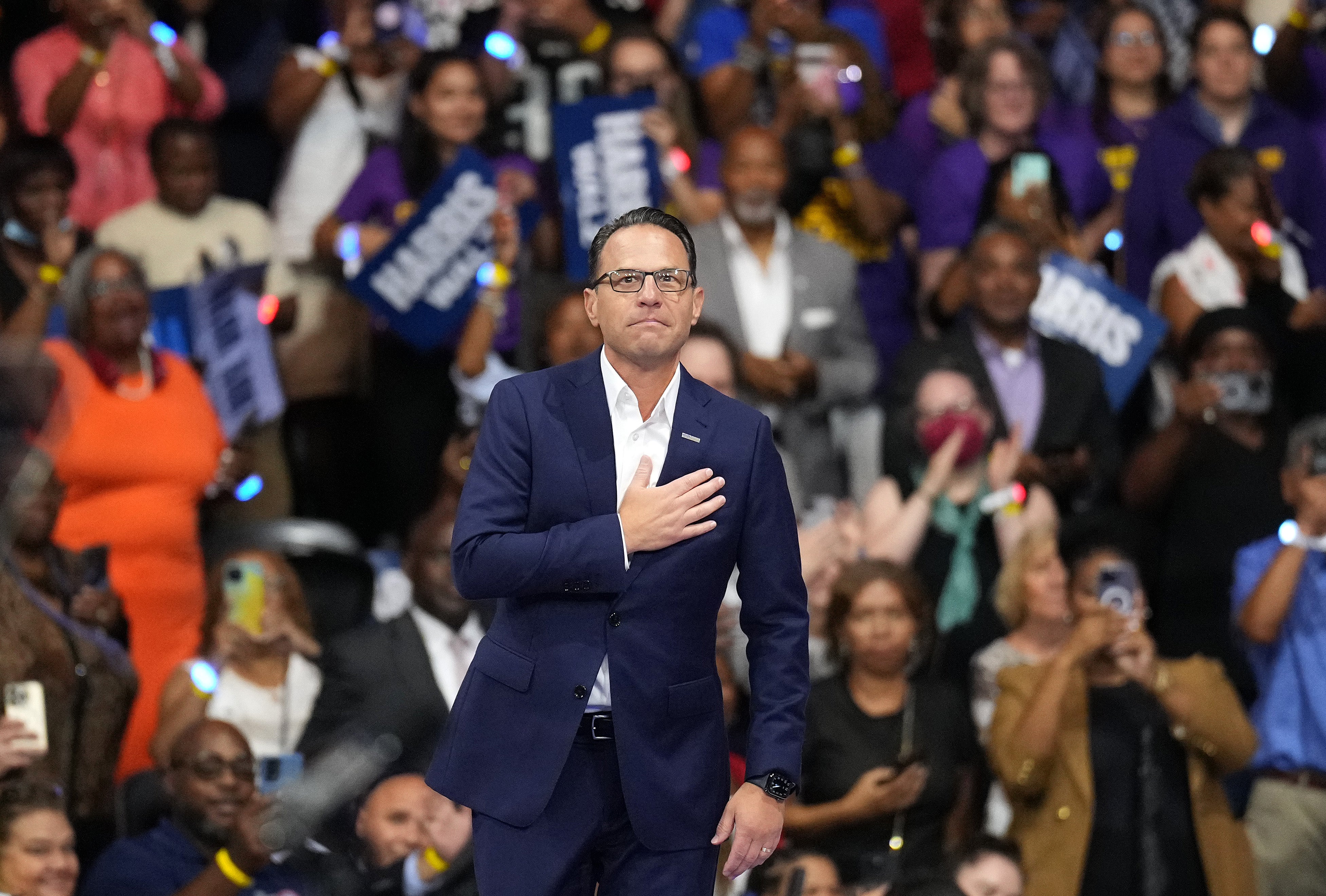 Pennsylvania Governor Josh Shapiro appeared at the Democratic campaign rally on Tuesday, speaking ahead of Harris and Walz