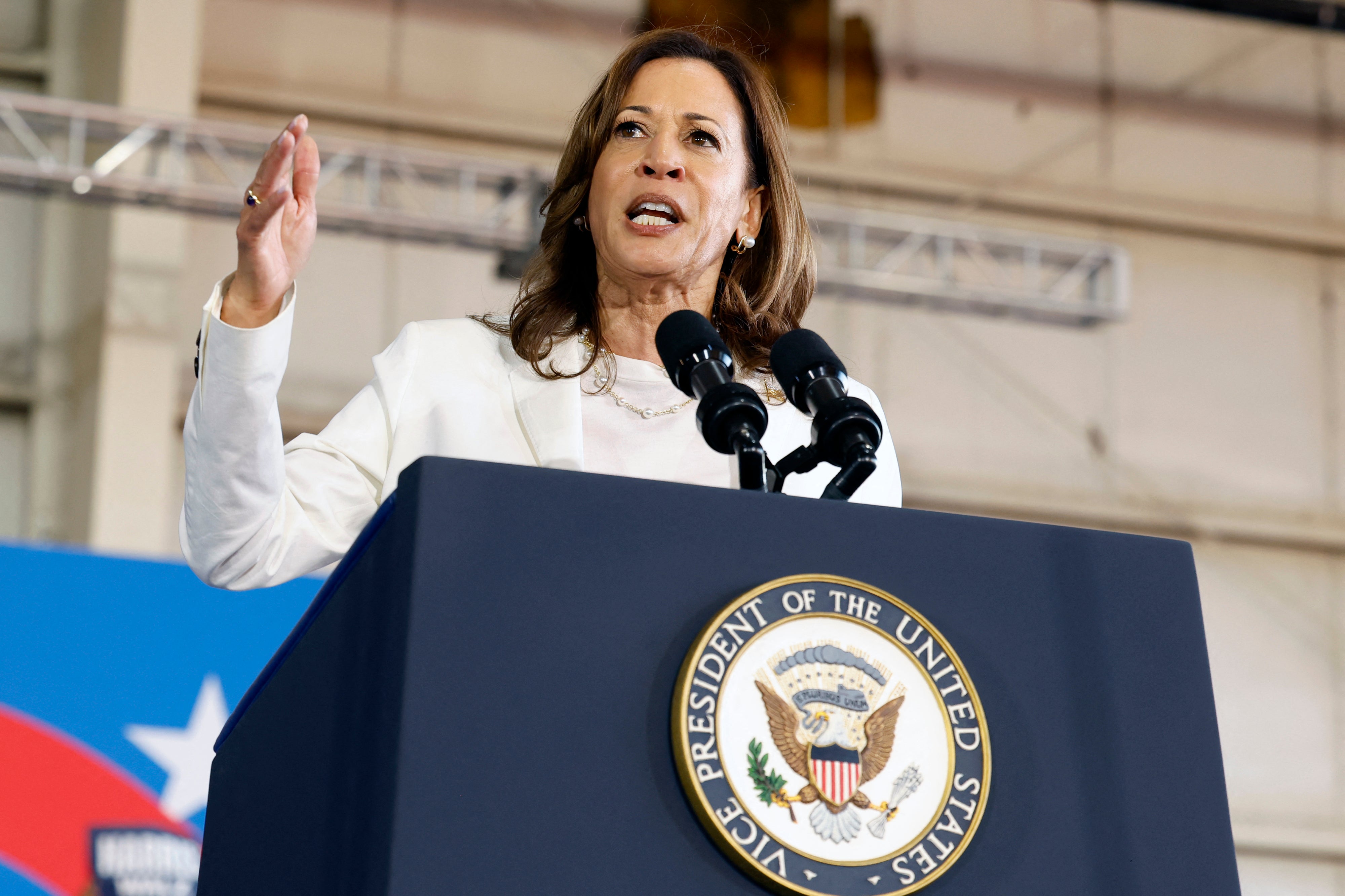 TOPSHOT - US Vice President and Democratic presidential candidate Kamala Harris speaks during a campaign rally at Detroit Metropolitan Airport in Romulus, Michigan, August 7, 2024. (Photo by JEFF KOWALSKY / AFP) (Photo by JEFF KOWALSKY/AFP via Getty Images)