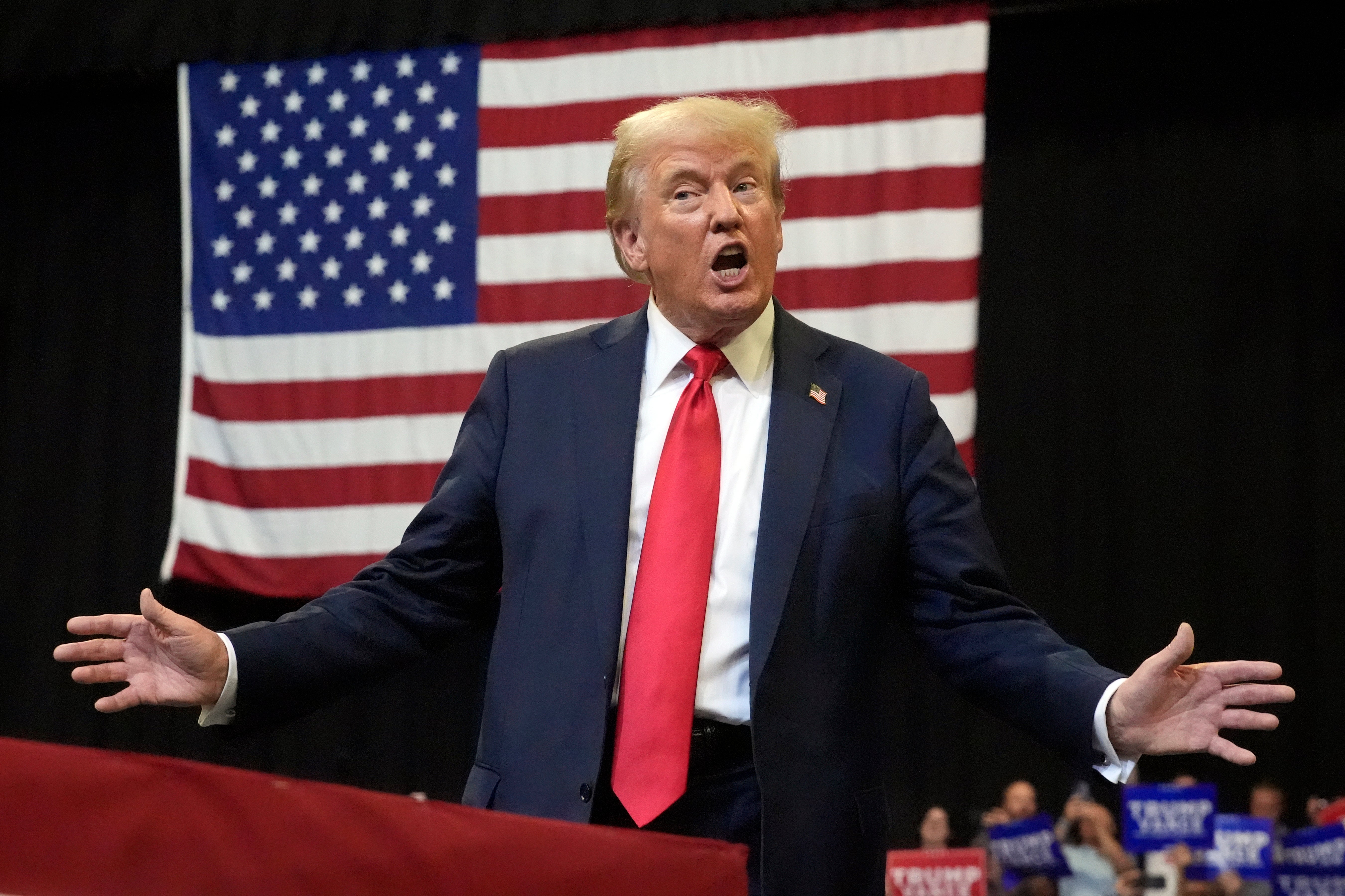 Republican presidential nominee former President Donald Trump arrives to speak at a campaign rally in Bozeman, Montana. During the event, Trump said nobody knows Kamala Harris’s last name.