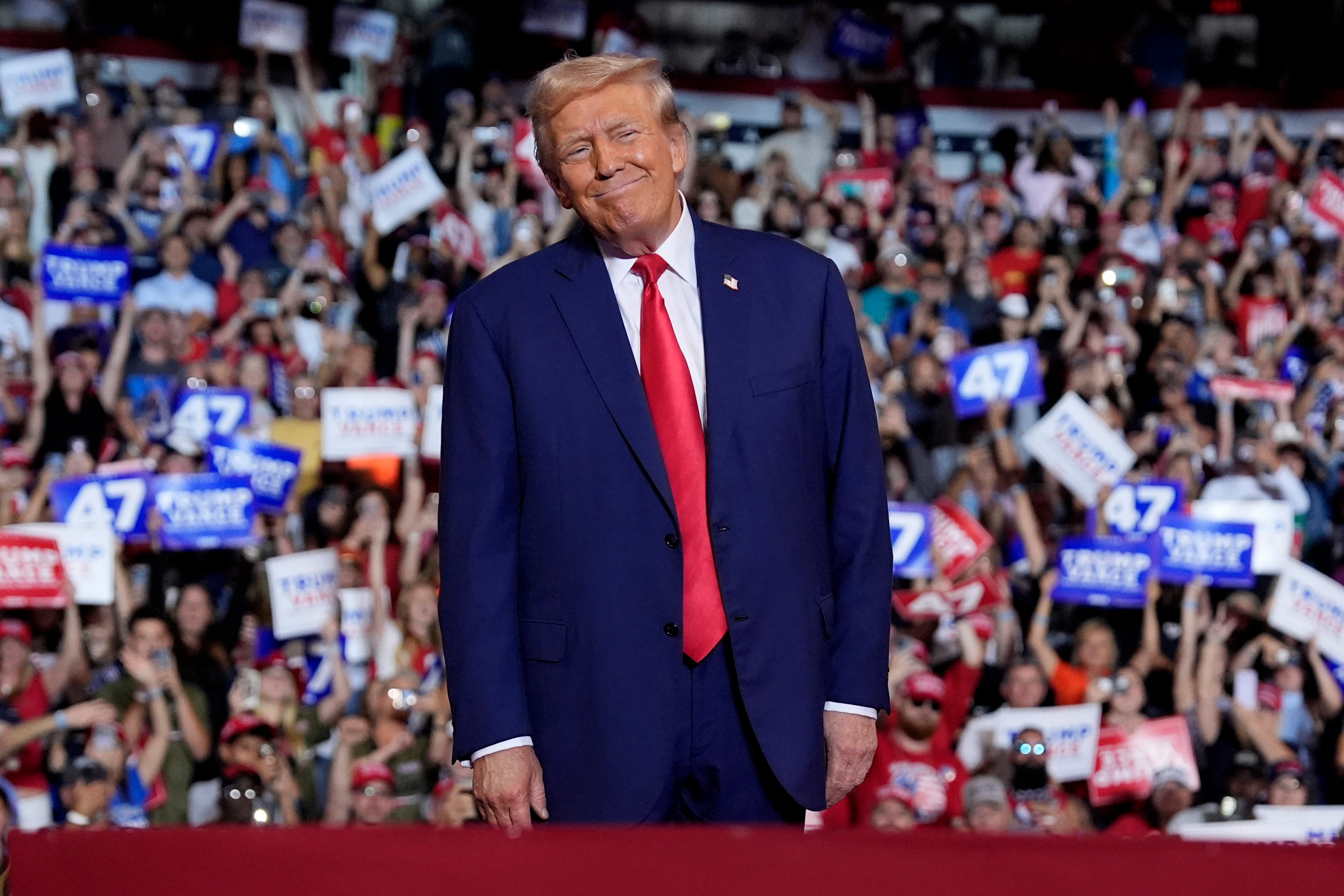 Republican presidential nominee Donald Trump arrives to speak at a campaign rally at the Mohegan Sun Arena at Casey Plaza, in Wilkes-Barre, Pennsylvania