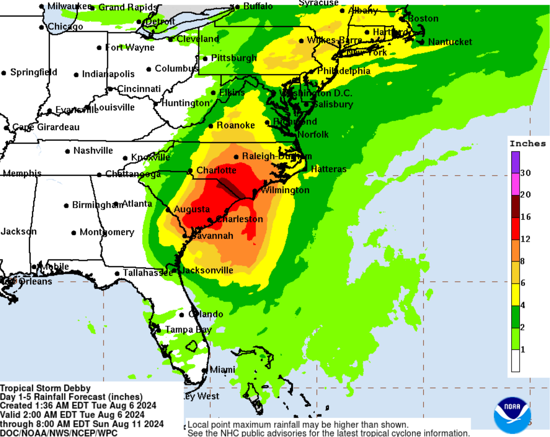 Map shows latest rainfall forecast for Tropical Storm Debby