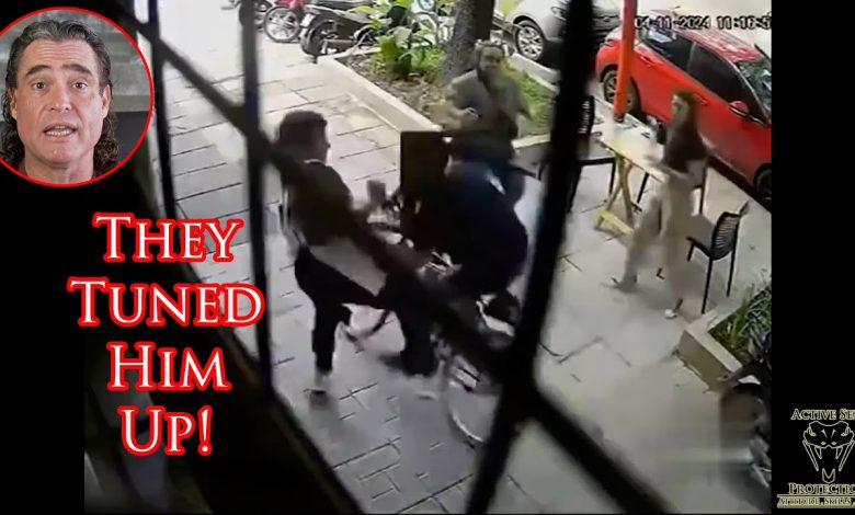 Sidewalk Cafe Butt Kicking of Thief Caught On Camera!