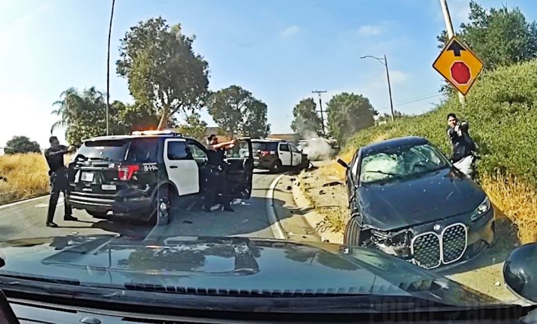 Suspect Shot After Slamming BMW Into Police Cruisers And Aiming Gun