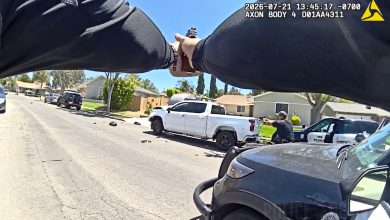 Suspect Crashes into Police Motorcycle Before Officers Open Fire