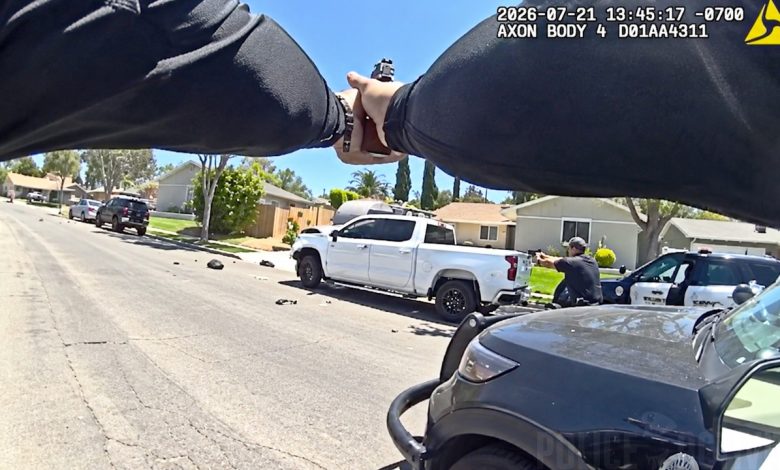 Suspect Crashes into Police Motorcycle Before Officers Open Fire