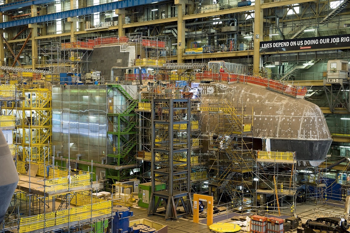 Astute Class submarine Audacious under construction at Barrow in Furness shipyard in Cumbria.