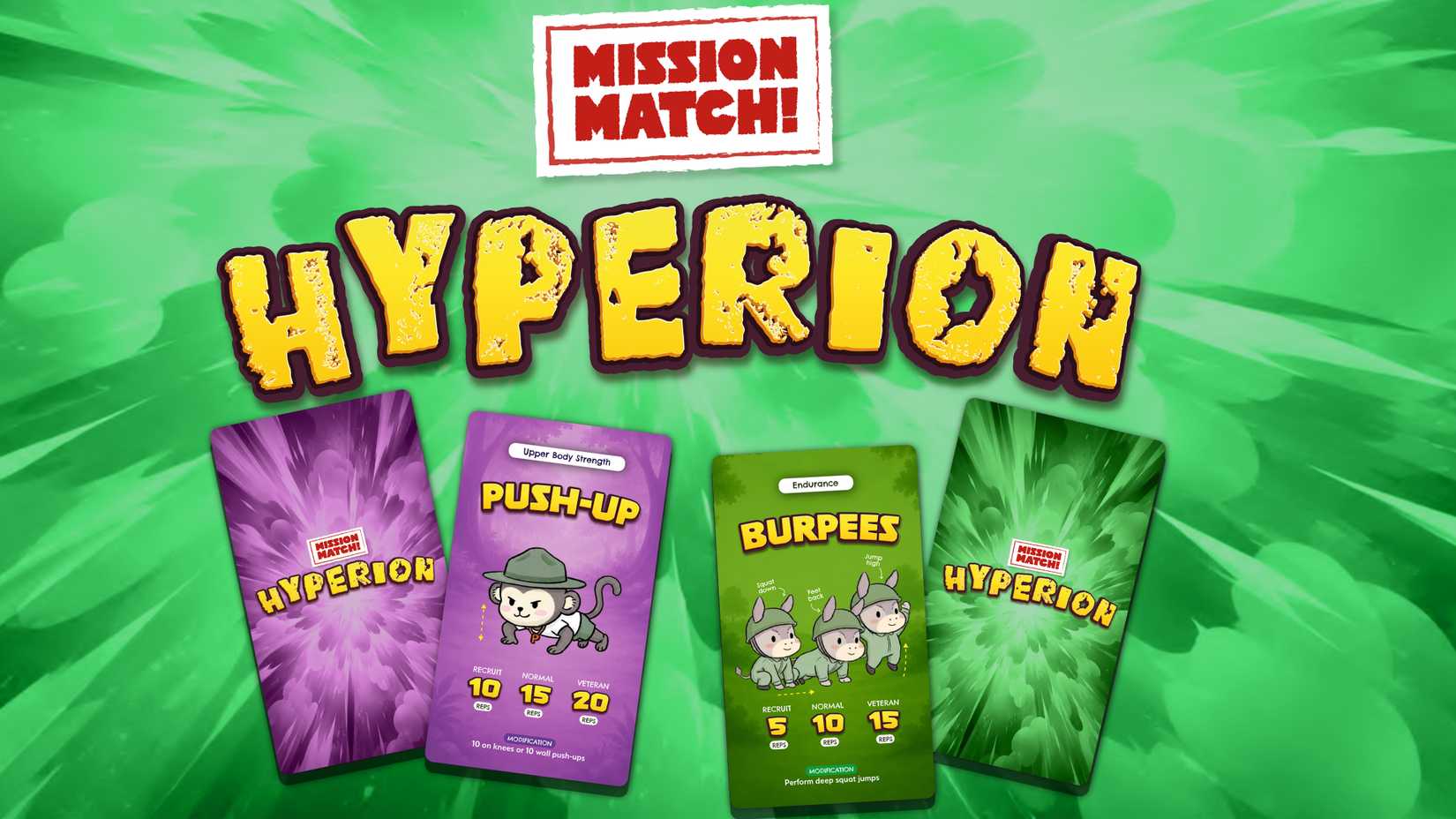 Mission Match Hyperion graphic showing illustrated push-up and burpee cards with three repetition levels.