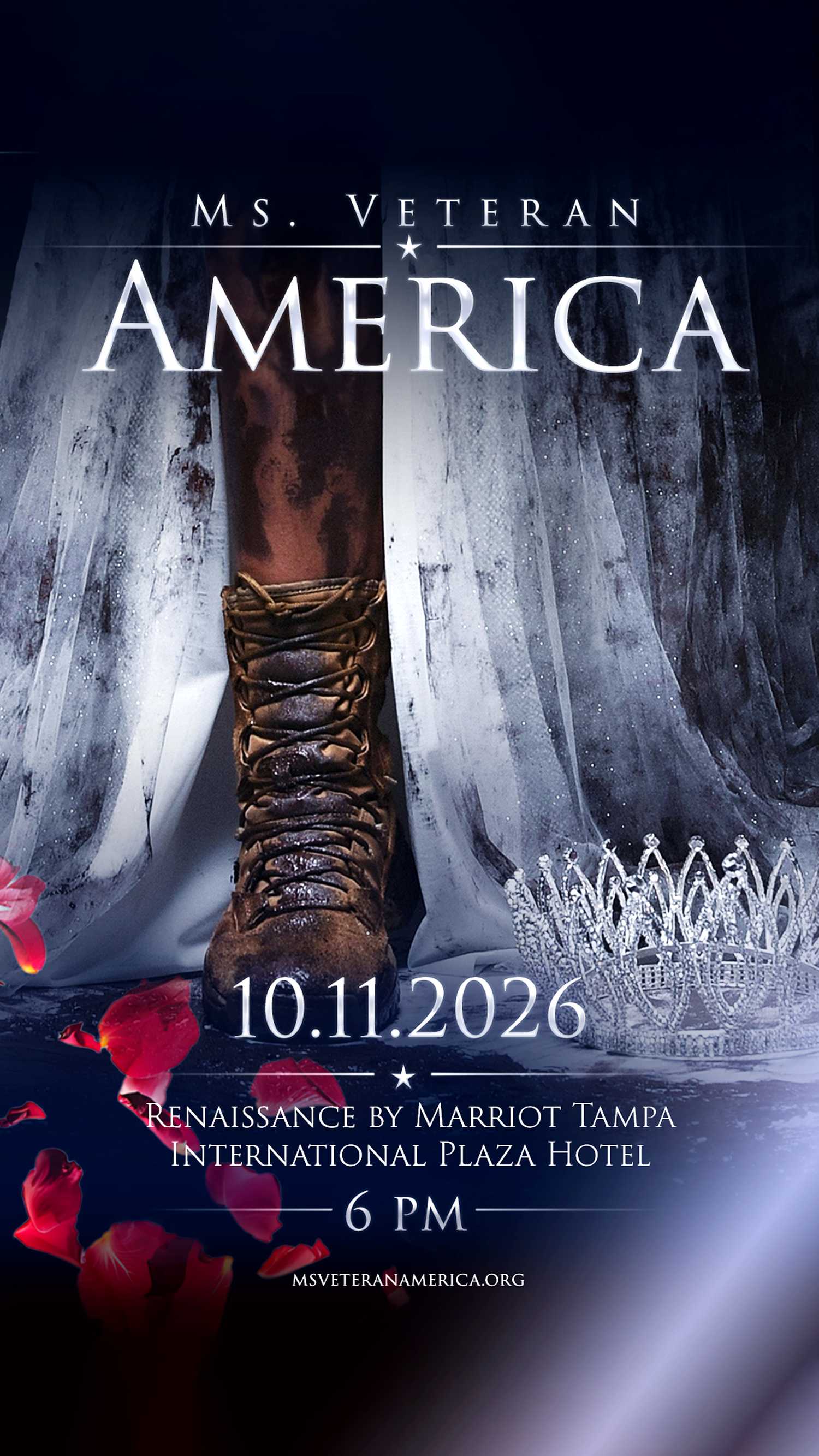 Ms. Veteran America poster featuring a combat boot, gown and crown, announcing the Oct. 11, 2026, competition in Tampa.