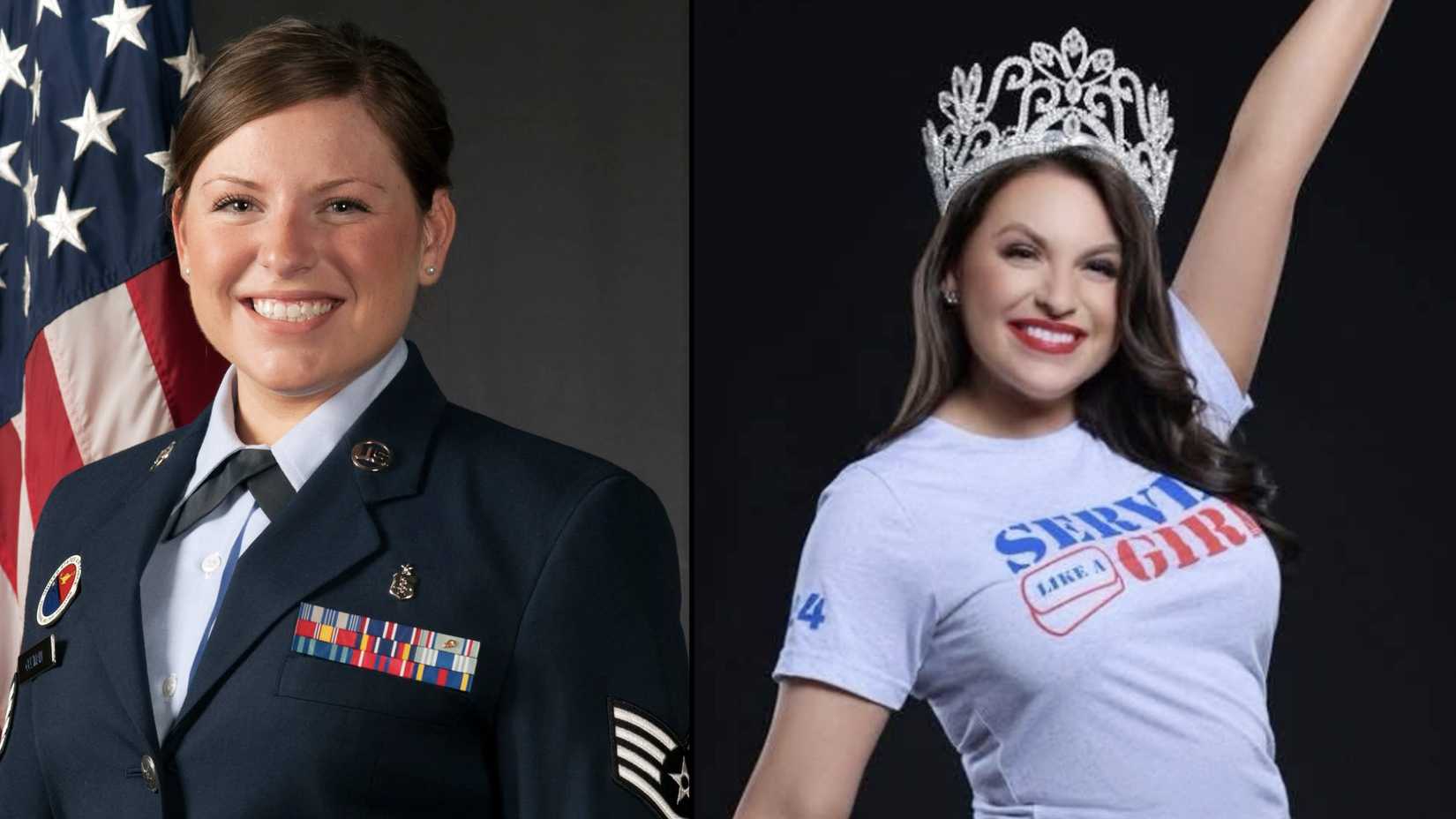 Side-by-side portraits of Cassandra Guzman in Air Force dress uniform and wearing a crown and “Served Like a Girl” shirt.