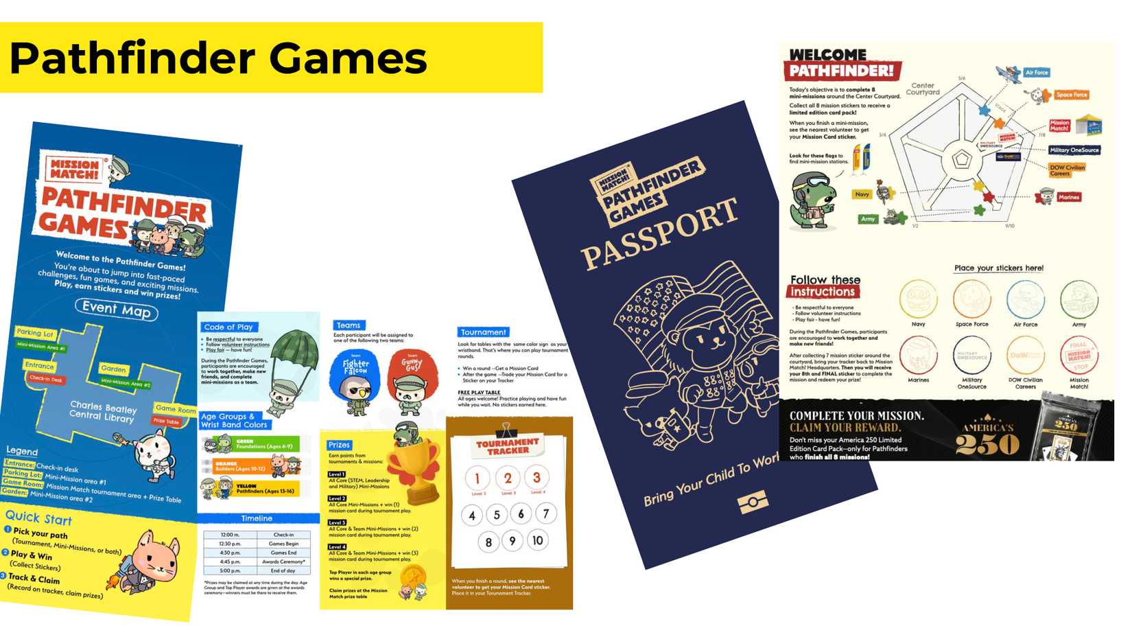 Pathfinder Games materials include an event map, tournament tracker, passport booklet and Pentagon courtyard activity map.