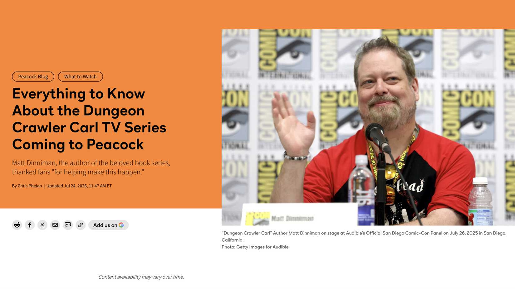 Peacock webpage announcing a Dungeon Crawler Carl television adaptation beside a photo of author Matt Dinniman at San Diego Comic-Con.